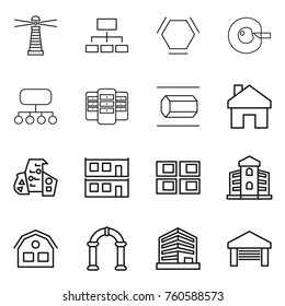 Thin line icon set : lighthouse, hierarchy, hex molecule, cell corection, structure, server, nano tube, home, modern architecture, modular house, panel, building, arch, office, garage