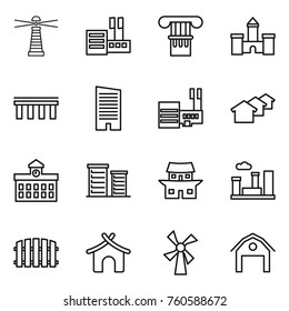 Thin line icon set : lighthouse, store, column, castle, bridge, skyscraper, mall, houses, university, district, japanese house, city, fence, bungalow, windmill, barn