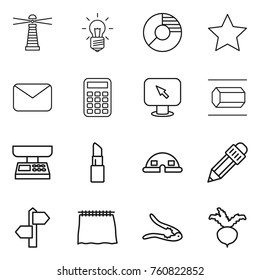 Thin line icon set : lighthouse, bulb, circle diagram, star, mail, calculator, monitor arrow, nano tube, market scales, lipstick, dome house, pencil, signpost, curtain, walnut crack, beet