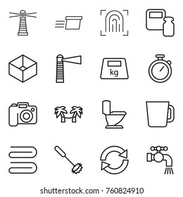 Thin line icon set : lighthouse, delivery, fingerprint, scales weight, box, heavy, stopwatch, camera, palm hammock, toilet, cup, towel, whisk, reload, water tap