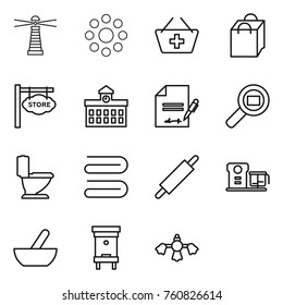 Thin line icon set : lighthouse, round around, add to basket, shopping bag, store signboard, university, inventory, cargo search, toilet, towel, rolling pin, food processor, mortar, hive