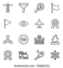 Thin line icon set : lighthouse, funnel, dollar magnifier, flag, eye, plane, medal, spinner, crypto currency, university, flammable, train, tennis, handwheel