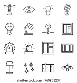 Thin line icon set : lighthouse, eye, bulb, brain, table lamp, laser, window, alarm, floor, shining, clean, hard reach place cleaning