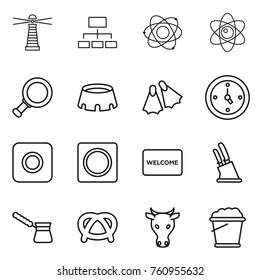 Thin line icon set : lighthouse, hierarchy, atom, magnifier, stadium, flippers, watch, ring button, welcome mat, knife holder, turk, pretzel, cow, foam bucket