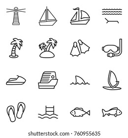 Thin line icon set : lighthouse, boat, sail, lounger, palm, island, flippers, diving mask, jet ski, cruise ship, shark flipper, windsurfing, flip flops, pool, fish