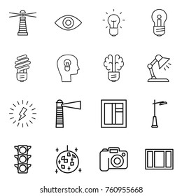Thin line icon set : lighthouse, eye, bulb, head, brain, table lamp, lightning, window, outdoor light, traffic, disco ball, camera