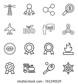 Thin line icon set : lighthouse, share, dollar magnifier, plane, bio, presentation, spinner, crypto currency, medal, flammable, train, tennis, handwheel