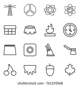 Thin line icon set : lighthouse, diagram, atom, market, stadium, flammable, watch, curtain, ring button, knife holder, turk, cherry, udder, acorn, maple leaf