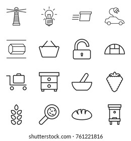 Thin line icon set : lighthouse, bulb, delivery, electric car, nano tube, basket, unlock, greenhouse, baggage trolley, nightstand, mortar, berry, spikelets, viruses, bread, hive