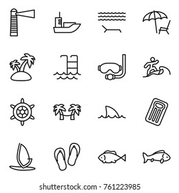Thin line icon set : lighthouse, sea shipping, lounger, island, pool, diving mask, surfer, handwheel, palm hammock, shark flipper, inflatable mattress, windsurfing, flip flops, fish