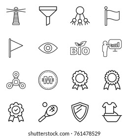 Thin line icon set : lighthouse, funnel, share, flag, eye, bio, presentation, spinner, crypto currency, medal, tennis, shield, handle washing
