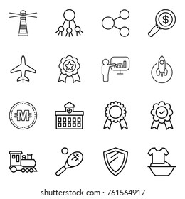 Thin line icon set : lighthouse, share, dollar magnifier, plane, medal, presentation, rocket, crypto currency, university, train, tennis, shield, handle washing
