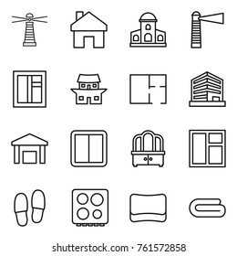 Thin Line Icon Set : Lighthouse, Home, Mansion, Window, Japanese House, Plan, Office, Warehouse, Power Switch, Dresser, Slippers, Hob, Sponge, Towel