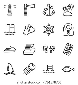 Thin line icon set : lighthouse, anchor, island, pool, flippers, handwheel, life vest, jet ski, cruise ship, palm hammock, inflatable mattress, windsurfing, jellyfish, fish