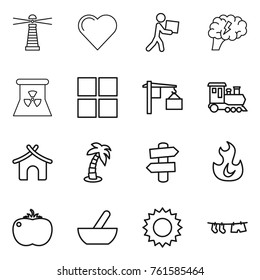 Thin line icon set : lighthouse, heart, courier, brain, nuclear power, window, loading, train, bungalow, palm, signpost, fire, tomato, mortar, sun, drying clothe