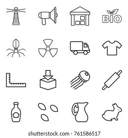 Thin line icon set : lighthouse, loudspeaker, warehouse, bio, virus, nuclear, delivery, t shirt, ruler, package, jellyfish, rolling pin, ketchup, seeds, jug, rabbit