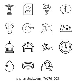 Thin line icon set : lighthouse, search document, 24 7, money message, bulb brain, cell corection, weather management, project, goverment house, barn, surfer, watch, drop, inflatable pool