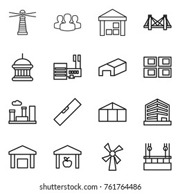 Thin line icon set : lighthouse, group, warehouse, bridge, goverment house, mall, panel, city, level, greenhouse, office, windmill, skysrcapers cleaning