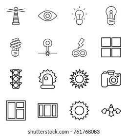 Thin line icon set : lighthouse, eye, bulb, laser, infinity power, window, traffic light, alarm, sun, camera, hard reach place cleaning