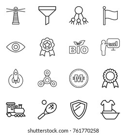 Thin line icon set : lighthouse, funnel, share, flag, eye, medal, bio, presentation, rocket, spinner, crypto currency, train, tennis, shield, handle washing