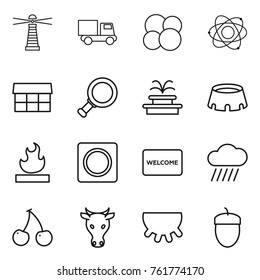 Thin line icon set : lighthouse, truck, atom core, market, magnifier, fountain, stadium, flammable, ring button, welcome mat, rain cloud, cherry, cow, udder, acorn
