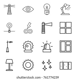 Thin line icon set : lighthouse, eye, bulb, table lamp, laser, infinity power, window, outdoor light, alarm, floor, sun, shining, clean