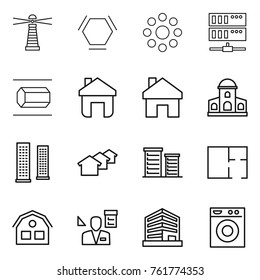 Thin line icon set : lighthouse, hex molecule, round around, server, nano tube, home, mansion, skyscrapers, houses, district, plan, house, architector, office, washing machine