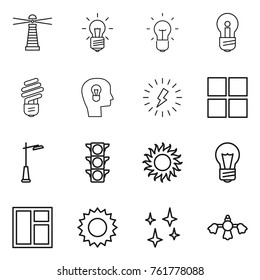 Thin line icon set : lighthouse, bulb, head, lightning, window, outdoor light, traffic, sun, shining, hard reach place cleaning