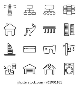 Thin line icon set : lighthouse, hierarchy, structure, server, home, greate wall, bridge, skyscrapers, skyscraper, bunker, slum, tower crane, architector, garage, barn, washing machine