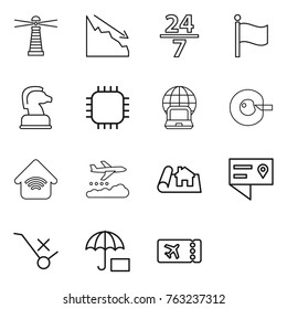 Thin line icon set : lighthouse, crisis, 24 7, flag, chess horse, chip, notebook globe, cell corection, wireless home, weather management, project, location details, do not trolley sign, insurance