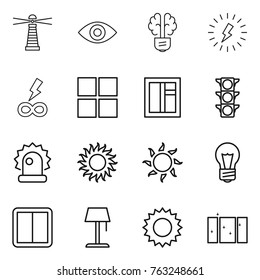 Thin line icon set : lighthouse, eye, bulb brain, lightning, infinity power, window, traffic light, alarm, sun, switch, floor lamp, clean
