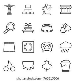Thin line icon set : lighthouse, hierarchy, table lamp, market, magnifier, fountain, stadium, flippers, curtain, ring button, pretzel, rain cloud, cherry, udder, maple leaf, foam bucket
