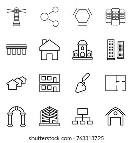 Thin line icon set : lighthouse, molecule, hex, server, bridge, home, mansion, skyscrapers, houses, modular house, construction, plan, arch, office, hierarchy, barn