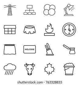 Thin line icon set : lighthouse, hierarchy, atom core, table lamp, market, stadium, flammable, watch, curtain, welcome mat, knife holder, turk, rain cloud, cow, maple leaf, foam bucket