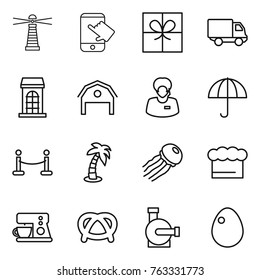 Thin line icon set : lighthouse, touch, gift, delivery, building, barn, support manager, dry cargo, vip fence, palm, jellyfish, chief hat, coffee maker, pretzel, water pump, egg