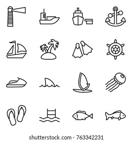 Thin line icon set : lighthouse, sea shipping, port, anchor, sail boat, island, flippers, handwheel, jet ski, shark flipper, windsurfing, jellyfish, flip flops, pool, fish