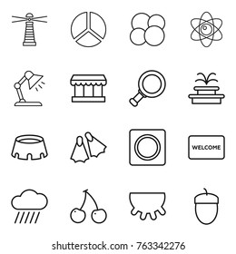 Thin line icon set : lighthouse, diagram, atom core, table lamp, market, magnifier, fountain, stadium, flippers, ring button, welcome mat, rain cloud, cherry, udder, acorn