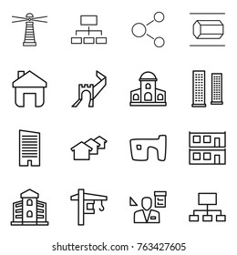 Thin line icon set : lighthouse, hierarchy, molecule, nano tube, home, greate wall, mansion, skyscrapers, skyscraper, houses, slum, modular house, building, tower crane, architector