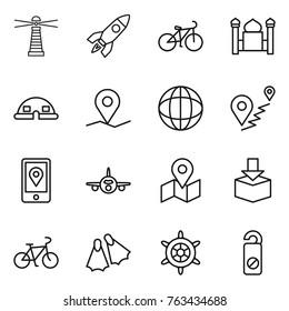 Thin line icon set : lighthouse, rocket, bike, minaret, dome house, geo pin, globe, route, mobile location, plane, map, package, flippers, handwheel, do not distrub