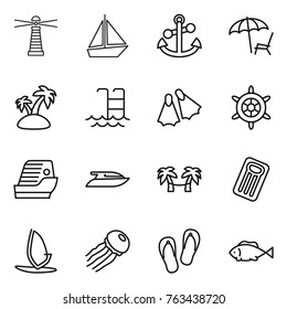 Thin line icon set : lighthouse, boat, anchor, lounger, island, pool, flippers, handwheel, cruise ship, yacht, palm hammock, inflatable mattress, windsurfing, jellyfish, flip flops, fish