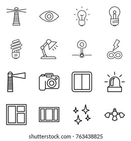 Thin line icon set : lighthouse, eye, bulb, table lamp, laser, infinity power, camera, switch, alarm, window, shining, hard reach place cleaning