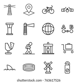 Thin line icon set : lighthouse, pointer, bike, drawbridge, airport tower, globe, route a to b, broken, tourist, detector, baggage trolley, shark flipper, inflatable pool, windmill, do not distrub