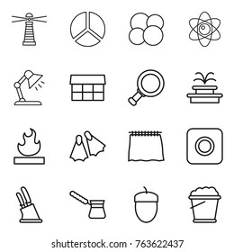 Thin line icon set : lighthouse, diagram, atom core, table lamp, market, magnifier, fountain, flammable, flippers, curtain, ring button, knife holder, turk, acorn, foam bucket