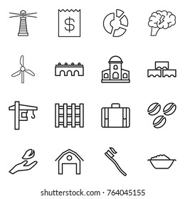 Thin line icon set : lighthouse, receipt, circle diagram, brain, windmill, bridge, mansion, block wall, tower crane, pallet, suitcase, coffee seeds, hand leaf, barn, tooth brush, foam basin