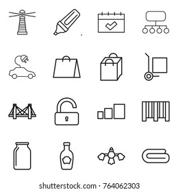 Thin line icon set : lighthouse, marker, calendar, structure, electric car, shopping bag, cargo stoller, bridge, unlock, sorting, bar code, bank, ketchup, hard reach place cleaning, towel