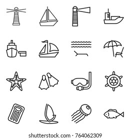 Thin line icon set : lighthouse, boat, sea shipping, port, sail, lounger, starfish, flippers, diving mask, handwheel, inflatable mattress, windsurfing, jellyfish, fish