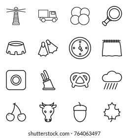 Thin line icon set : lighthouse, truck, atom core, magnifier, stadium, flippers, watch, curtain, ring button, knife holder, pretzel, rain cloud, cherry, cow, acorn, maple leaf