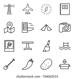 Thin line icon set : lighthouse, plane, lightning, copybook, map, hotel, tent, camera, photo, table, broom, pool, shovel, hot pepper, potato, package