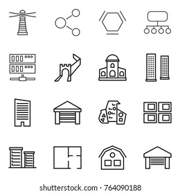 Thin line icon set : lighthouse, molecule, hex, structure, server, greate wall, mansion, skyscrapers, skyscraper, garage, modern architecture, panel house, district, plan