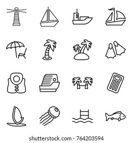 Thin line icon set : lighthouse, boat, sea shipping, sail, lounger, palm, island, flippers, life vest, cruise ship, hammock, inflatable mattress, windsurfing, jellyfish, pool, fish